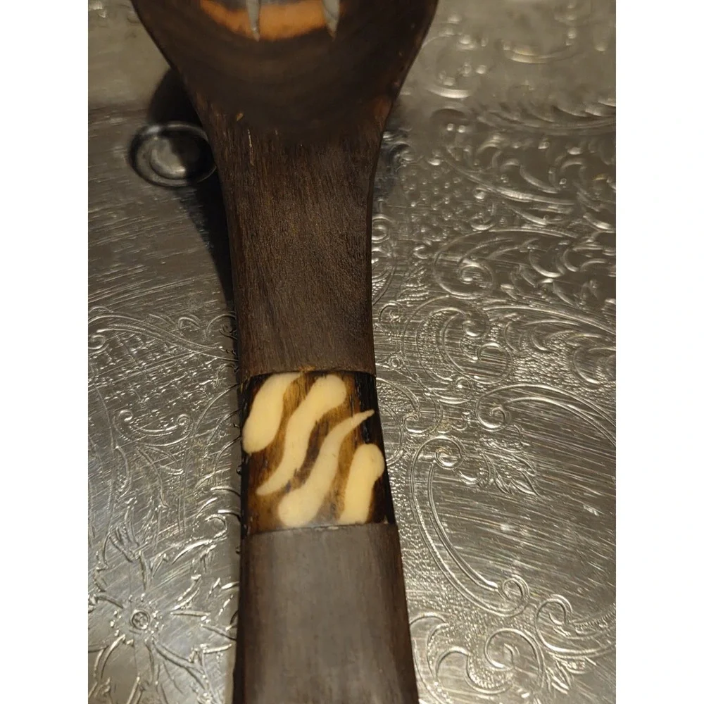 OLIVE WOOD SALAD Fork Black & Cream Bone Inlay